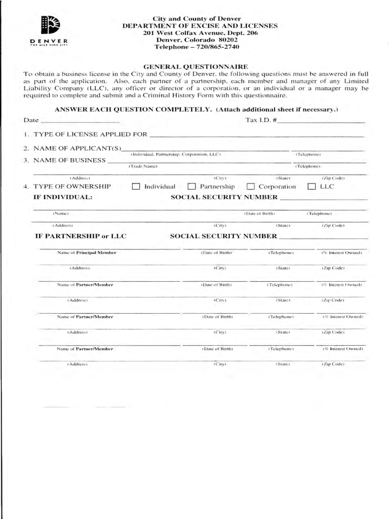 City of Denver Department of Excise and Licenses General Questionnaire Instructions Form 2007