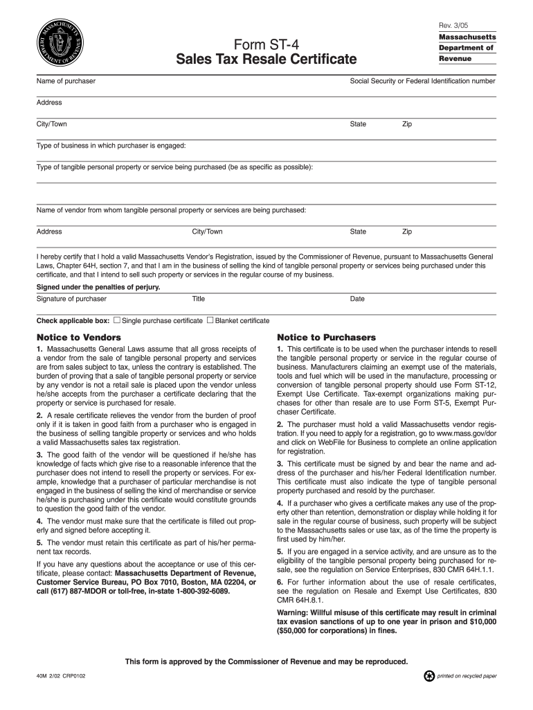  Ma Resale Certificate  Form 2005