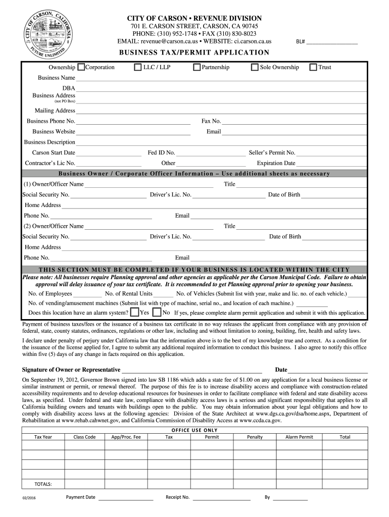 Carson Ca Business License  Form