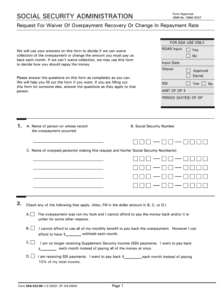  Form SSA 632Request for Waiver of Overpayment Social Security 2019-2024