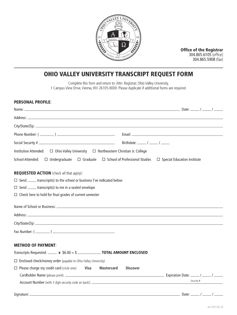 OHIO VALLEY UNIVERSITY TRANSCRIPT REQUEST FORM  Forms Ovu