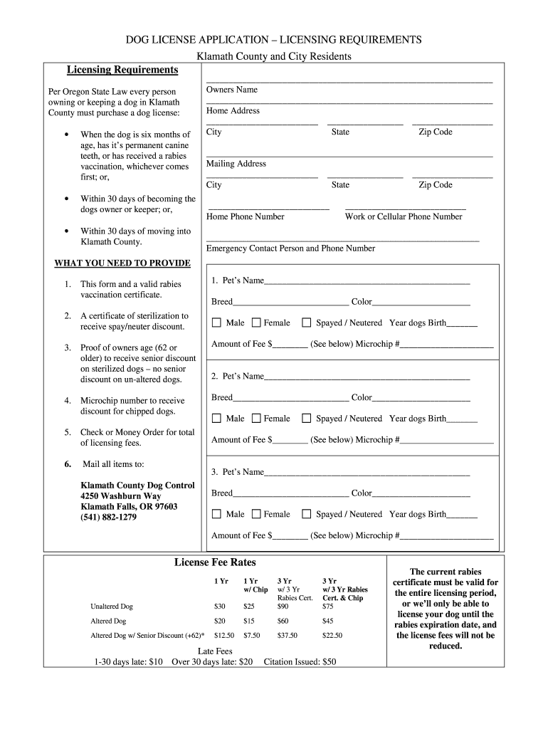 Klamath County Dog License  Form