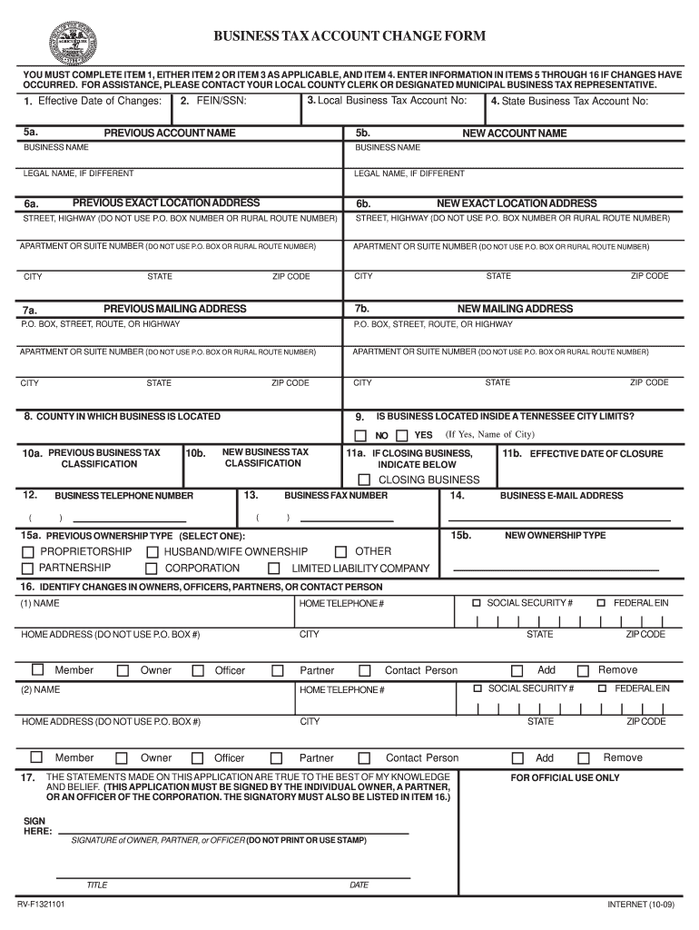  Business Tax Account Change Form for Tennessee 2009-2024