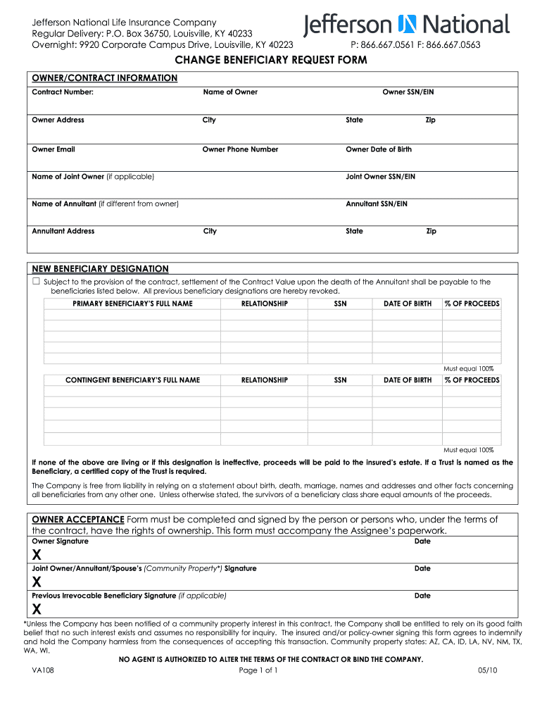  Jefferson National Life Insurance Change Beneficiary Forms 2010-2024