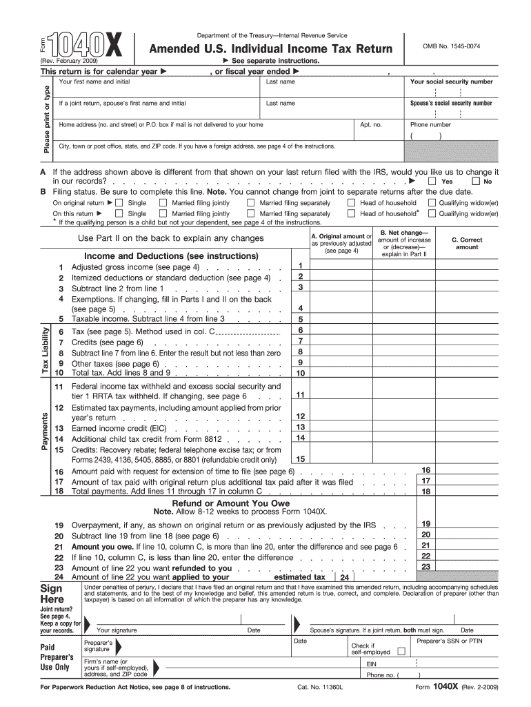  1040x Form 2009