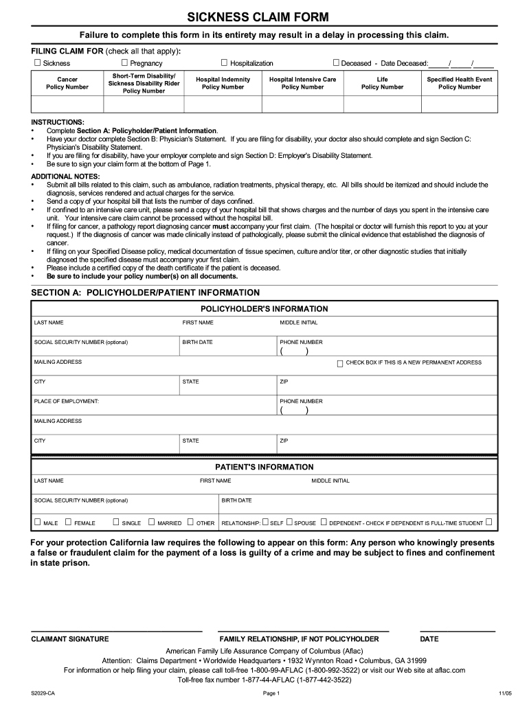  Aflac Form S2029 Ca 2005
