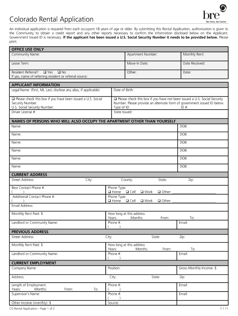 Colcorado Rental Appilcation  Form