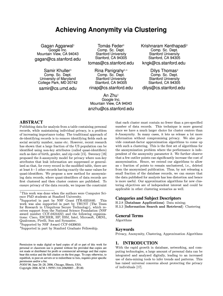 Achieving Anonymity Via Clustering Gagan Aggarwal1 Google Inc Theory Stanford  Form