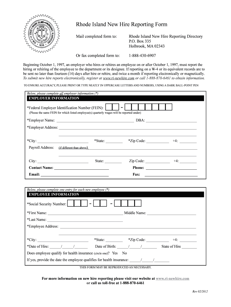 Ri Directory of New Hires Reporting Form Fillable