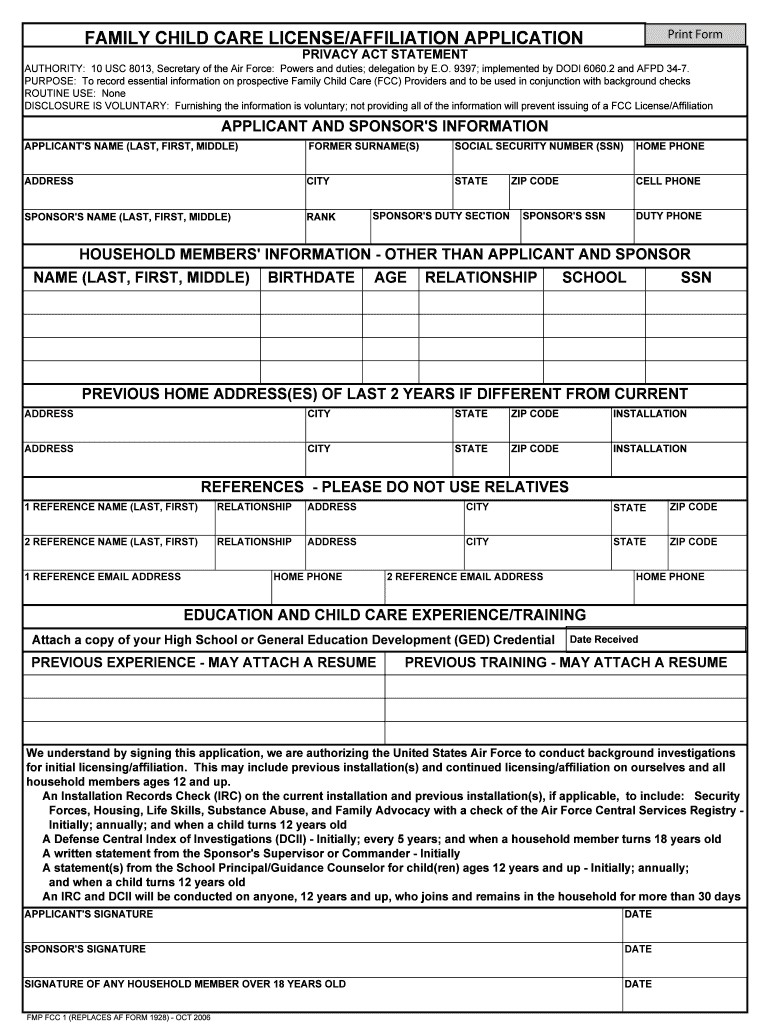 FAMILY CHILD CARE LICENSEAFFILIATION APPLICATION  Form