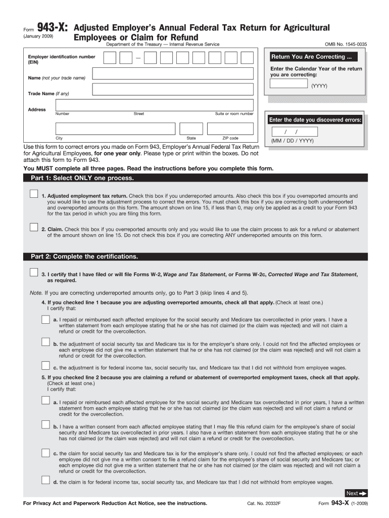 Form 943 X Rev January Adjusted Employer&#039;s Annual Federal Tax Return for Agricultural Employees or Claim for Refund