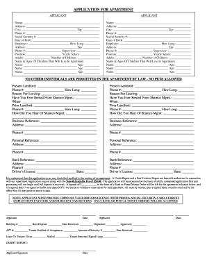 APPLICATION for APARTMENT APPLICANT Name Djfj APPLICANT Name Address City Zip Phone # Social Security # Date of Birth Employer H  Form