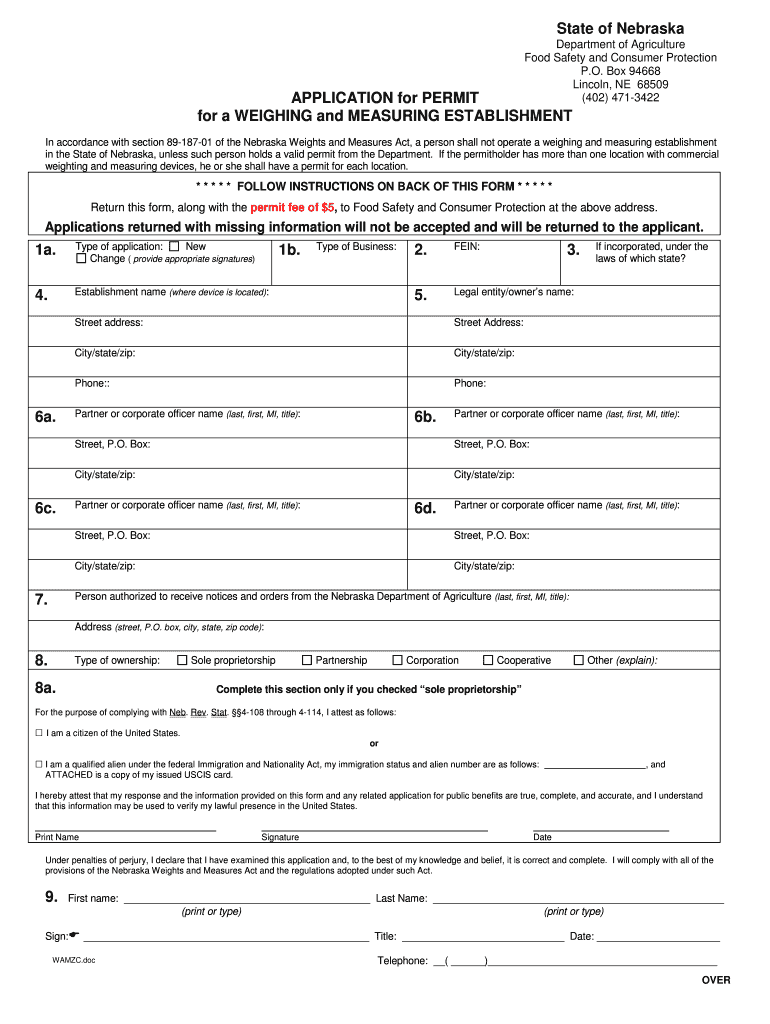 Nebraska Permit to Operate Commercial Weighing and Measuring Form