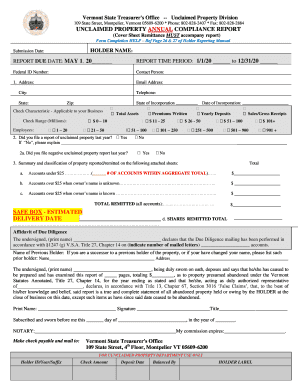 Vermont Unclaimed Property Annual Compliance Report Form