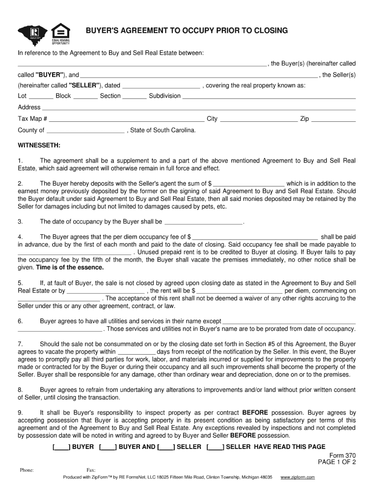  Agreement to Occupy Prior to Closing Florida Form 2006