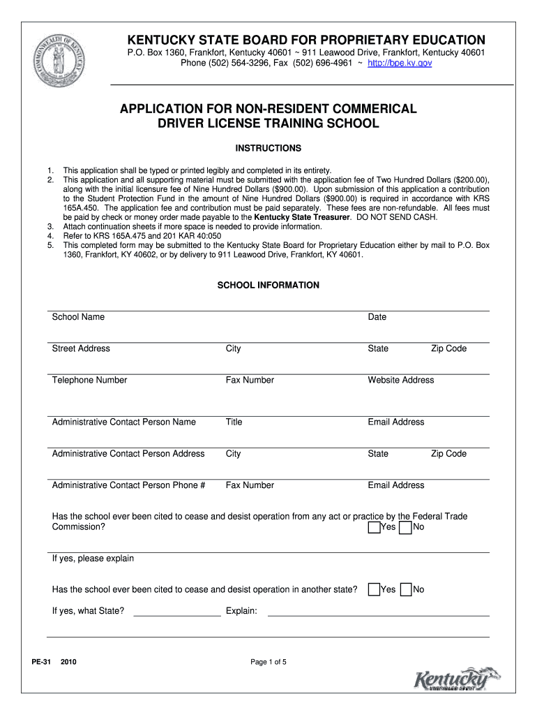 Application for Non Resident Commercial Driver License Training Bpe Ky  Form