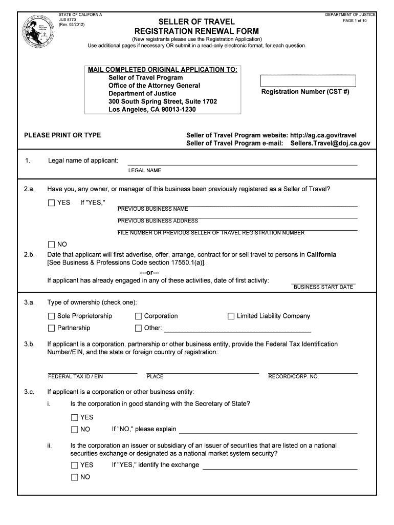 JUS 8770 , Seller of Travel Registration Renewal Form  Oag Ca