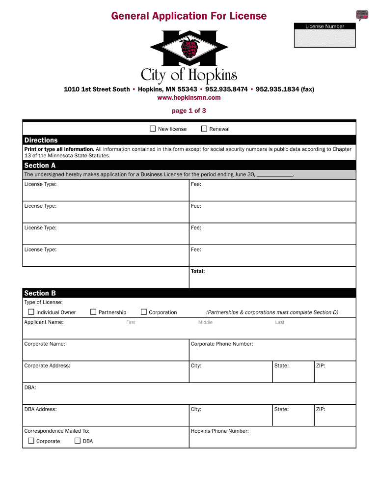General Application for License City of Hopkins, Minnesota  Form