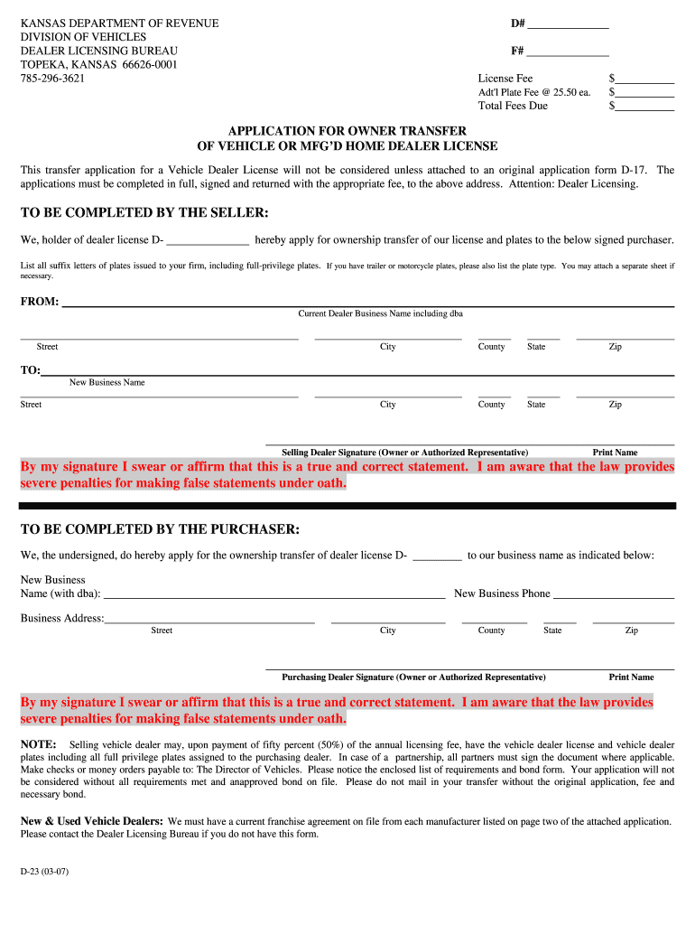 Owners Transfer License  Ksrevenue  Form