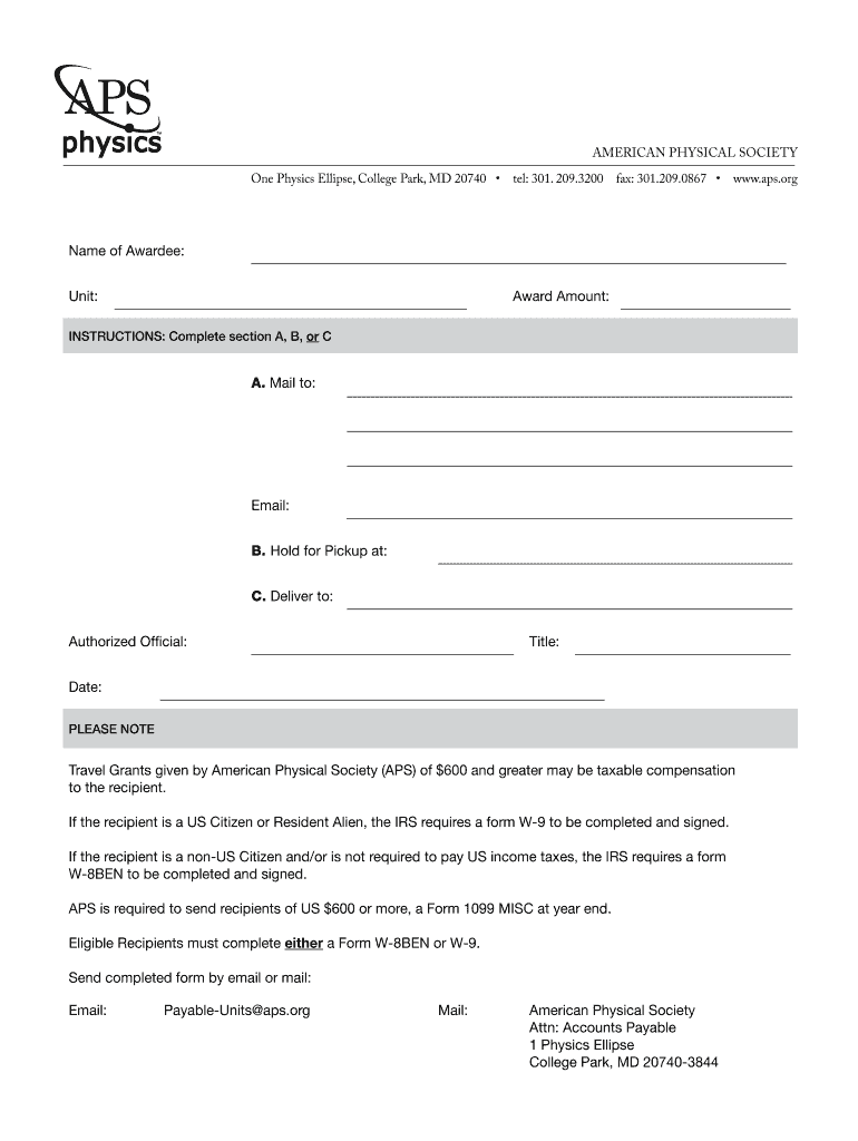 Travel Grant Request American Physical Society Aps  Form