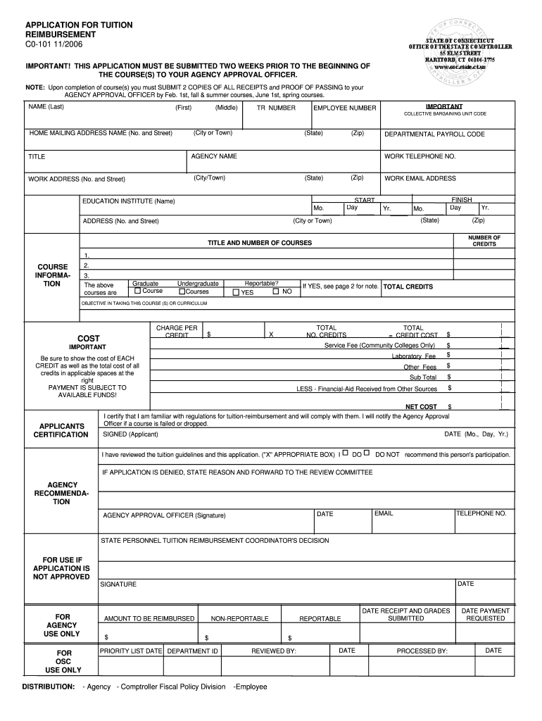 APPLICATION for TUITION REIMBURSEMENT C0 101 11 IMPORTANT  Cttech  Form