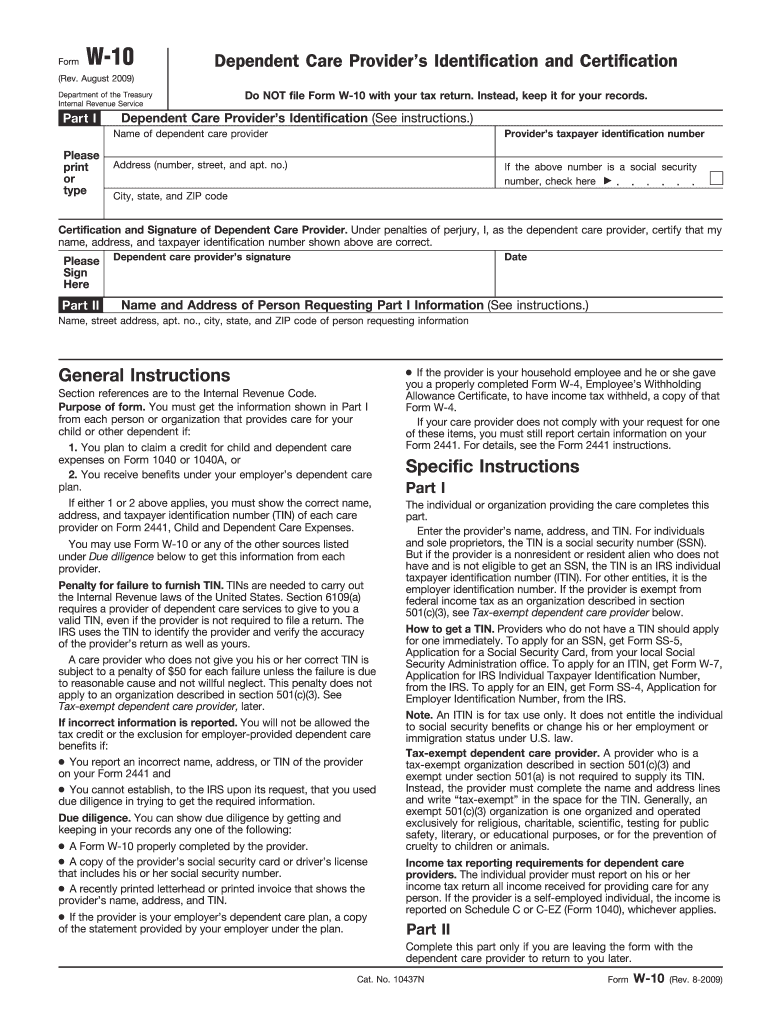  Form W 10 Rev August 2009