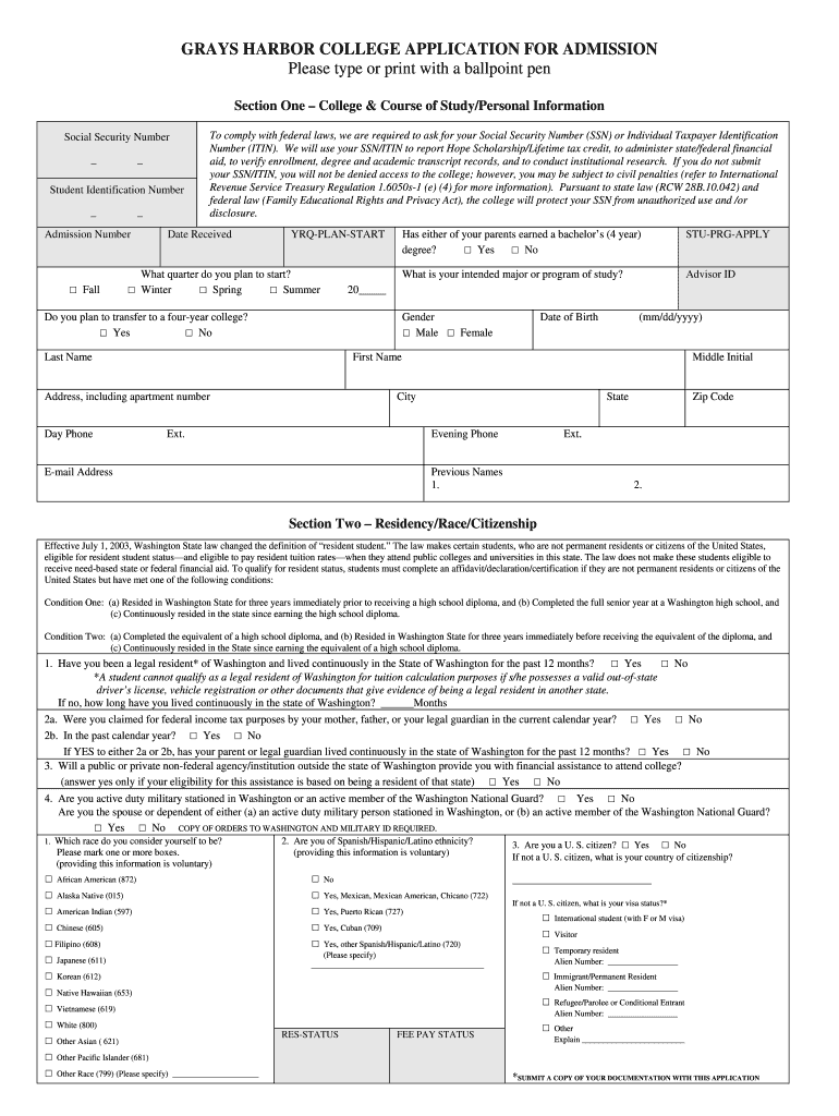 GRAYS HARBOR COLLEGE APPLICATION for ADMISSION  Ghc  Form