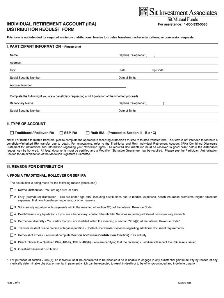 IRA DISTRIBUTION REQUEST FORM for Sit Mutual Funds