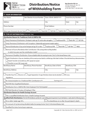 DistributionNotice of Withholding Form 5 New Direction IRA Inc