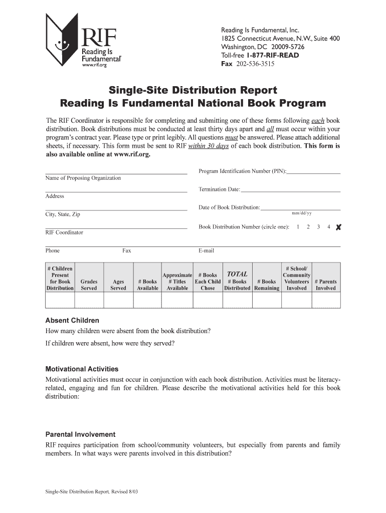 Reading is Fundamental Distribution Report Form