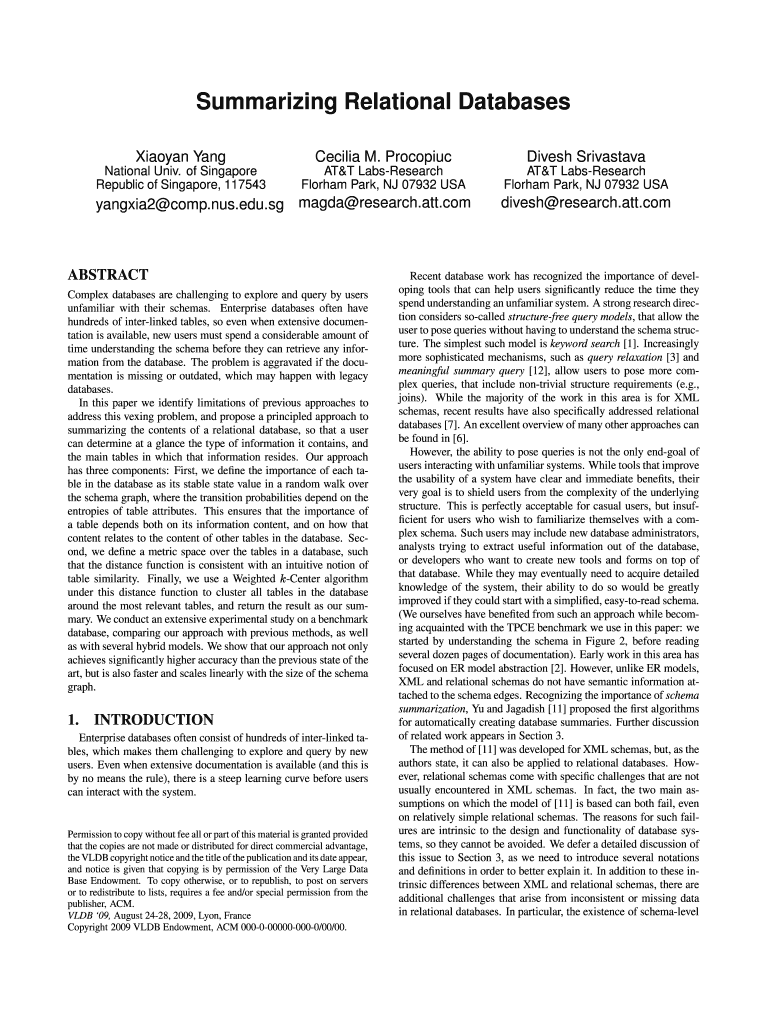 Summarizing Relational Databases VLDB Endowment Inc Vldb  Form