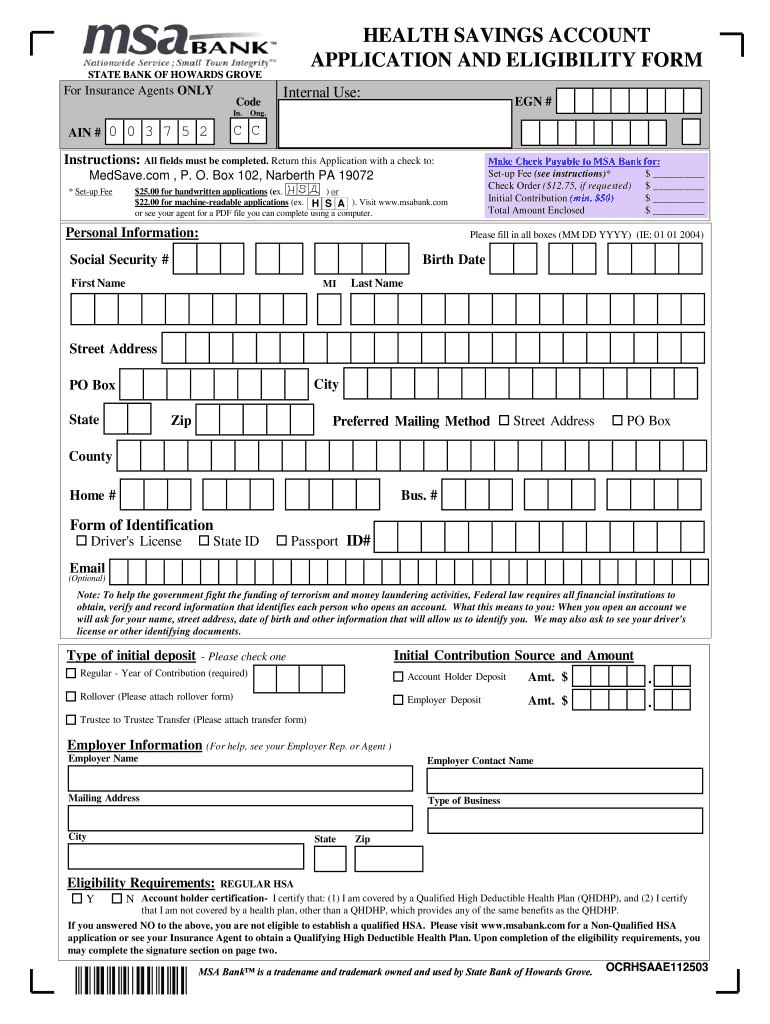 HEALTH SAVINGS ACCOUNT APPLICATION and    MedSave Com  Form