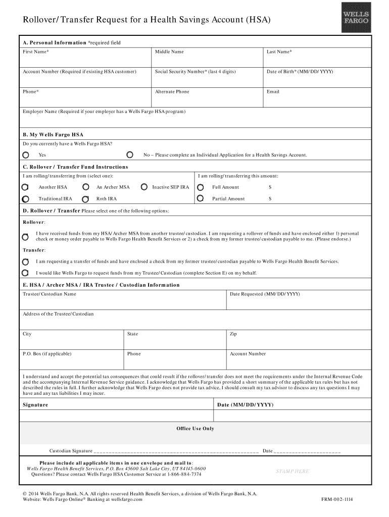 RolloverTransfer Request for a Health Savings Account HSA  Form