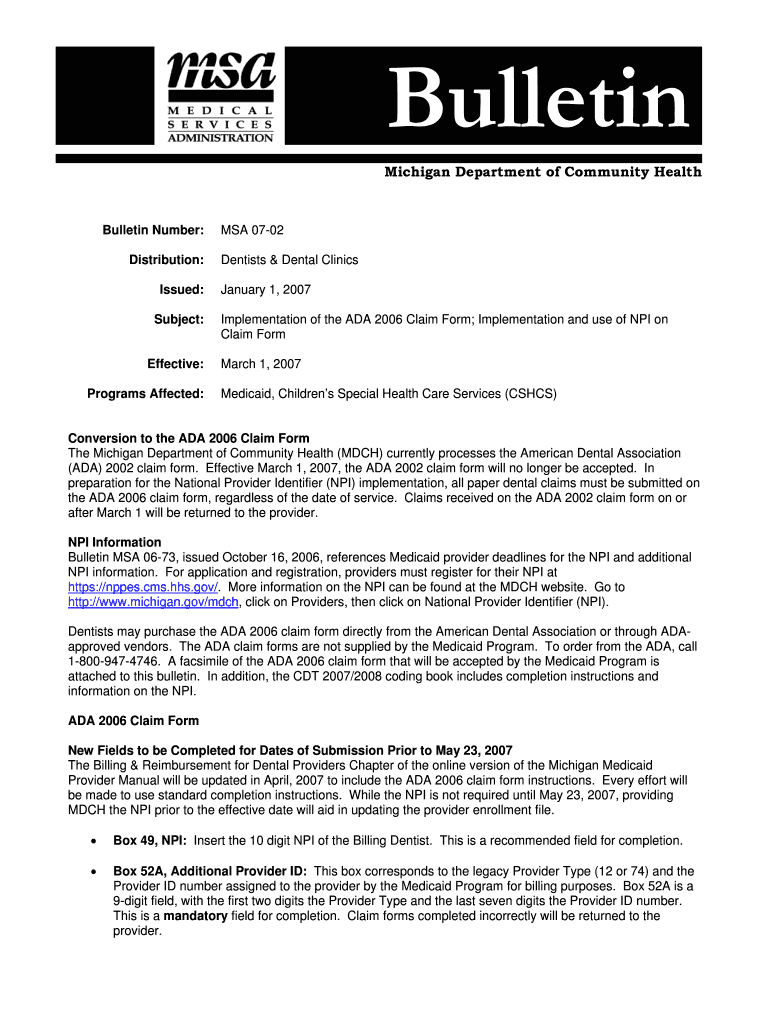Michigan Department of Community Health Bulletin Number Distribution Issued Subject Effective Programs Affected MSA 05 59 Local   Form