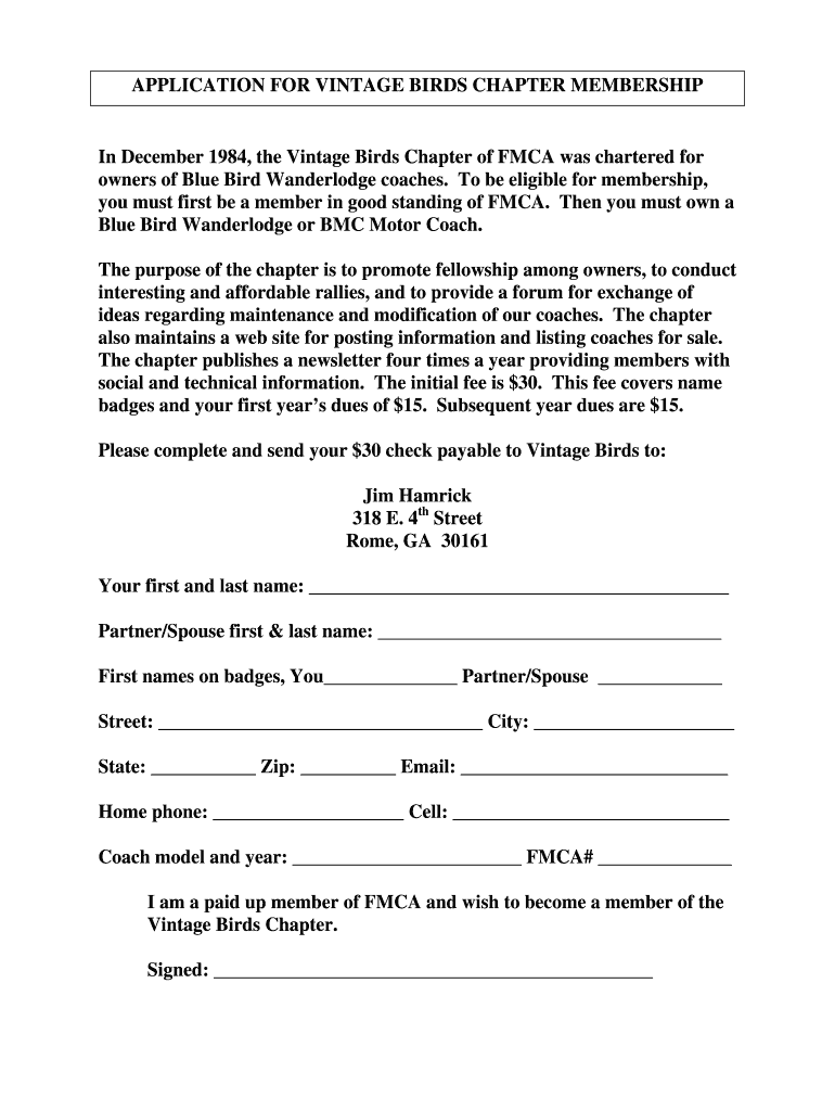 APPLICATION for VINTAGE BIRDS CHAPTER MEMBERSHIP in  Form