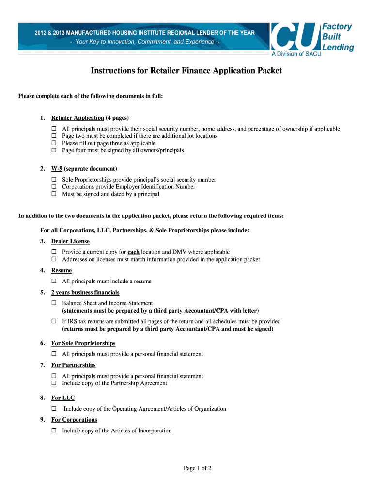 Instructions for Retailer Finance Application Packet  Form