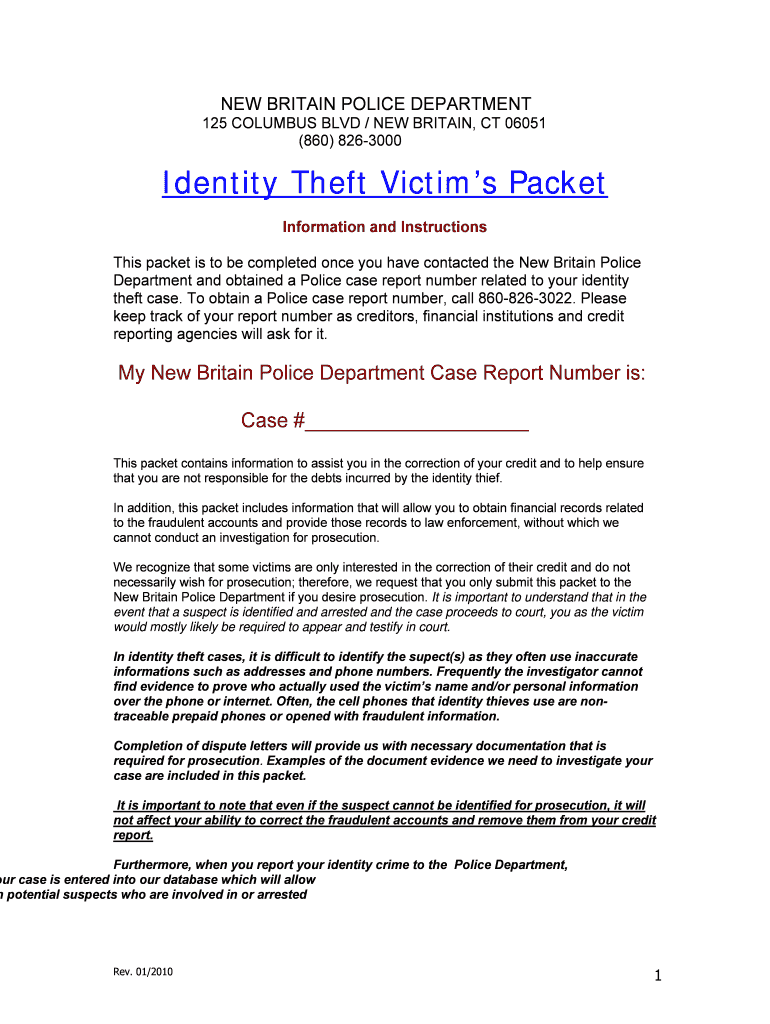 Identity Theft Victim&#039;s Packet New Britain Police Department Newbritainpolice  Form