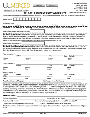 STUDENT ASSET WORKSHEET Financial Aid Financialaid Ucmerced  Form