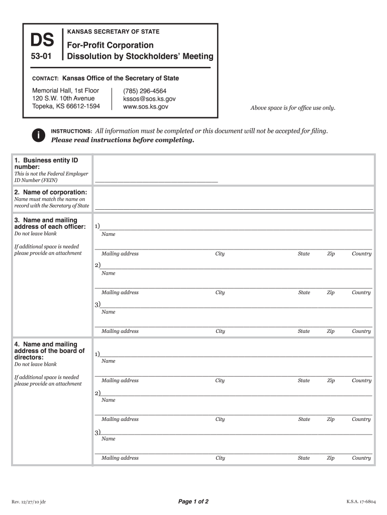  53 01 for Profit Corporation Dissolution by Stockholders' Meeting  Kssos 2010