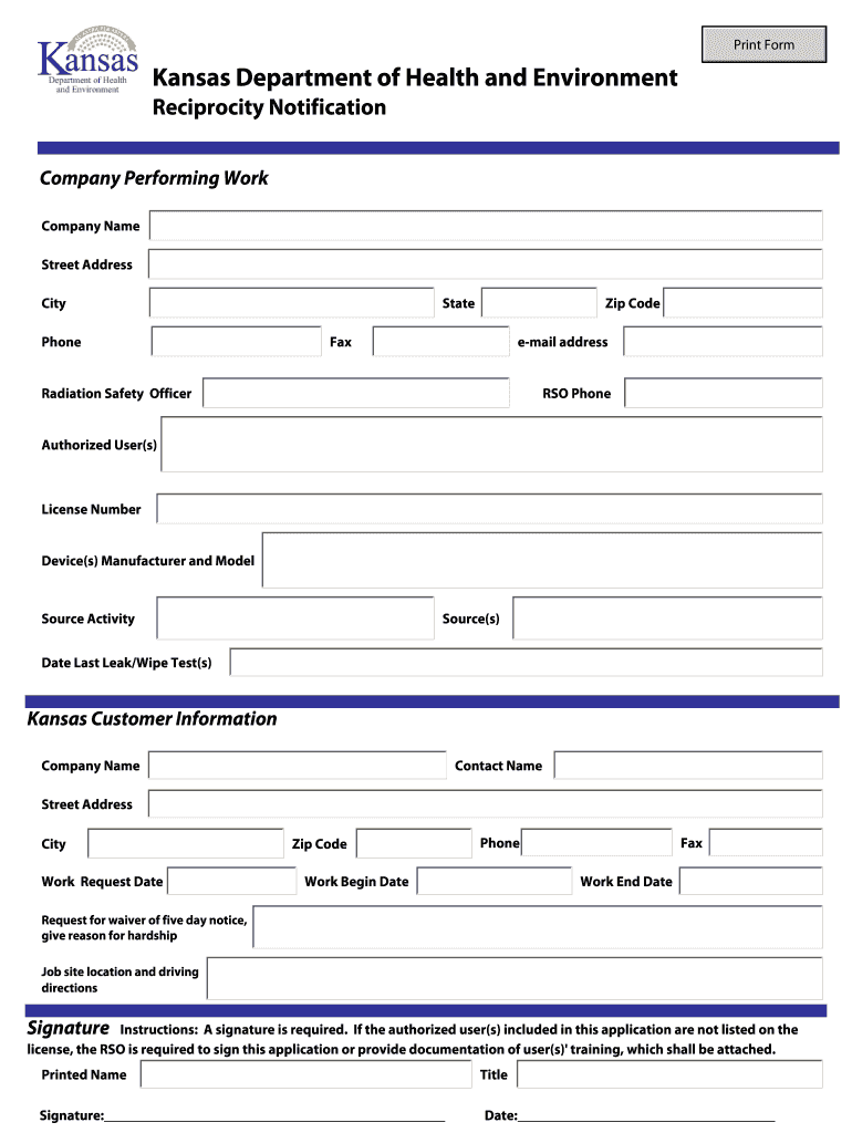 Reciprocity Notification Kansas Department of Health & Environment Kdheks  Form