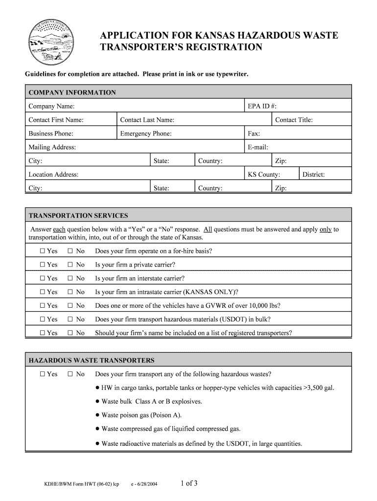 Kansas Hazardous Waste Transporter Registration Kdheks  Form