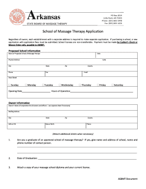 Application for New School Arkansas State Board of Massage  Form
