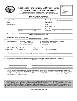 Application for Scientific Collection Permit Arkansas Game &amp; Fish  Form