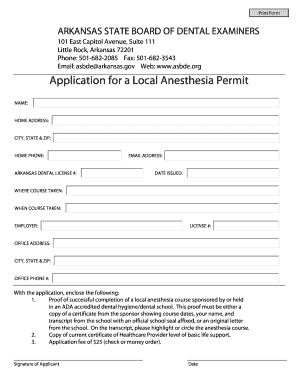 Application for a Local Anesthesia Permit Arkansas State Board of Dentalboard Arkansas  Form