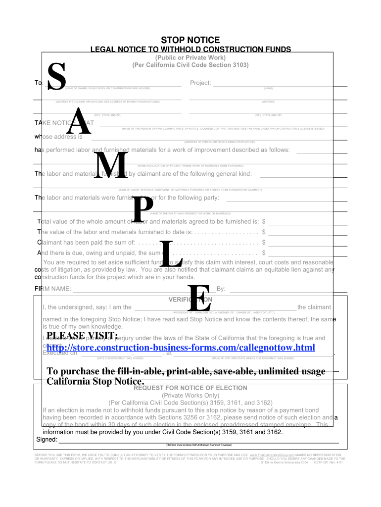 California Stop Notice Fillable Form