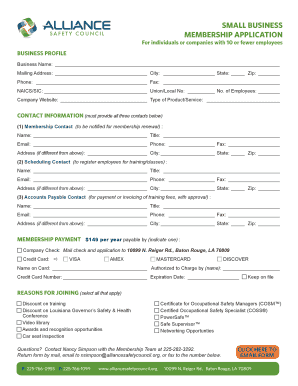 SMALL BUSINESS MEMBERSHIP APPLICATION Alliancesafetycouncil  Form