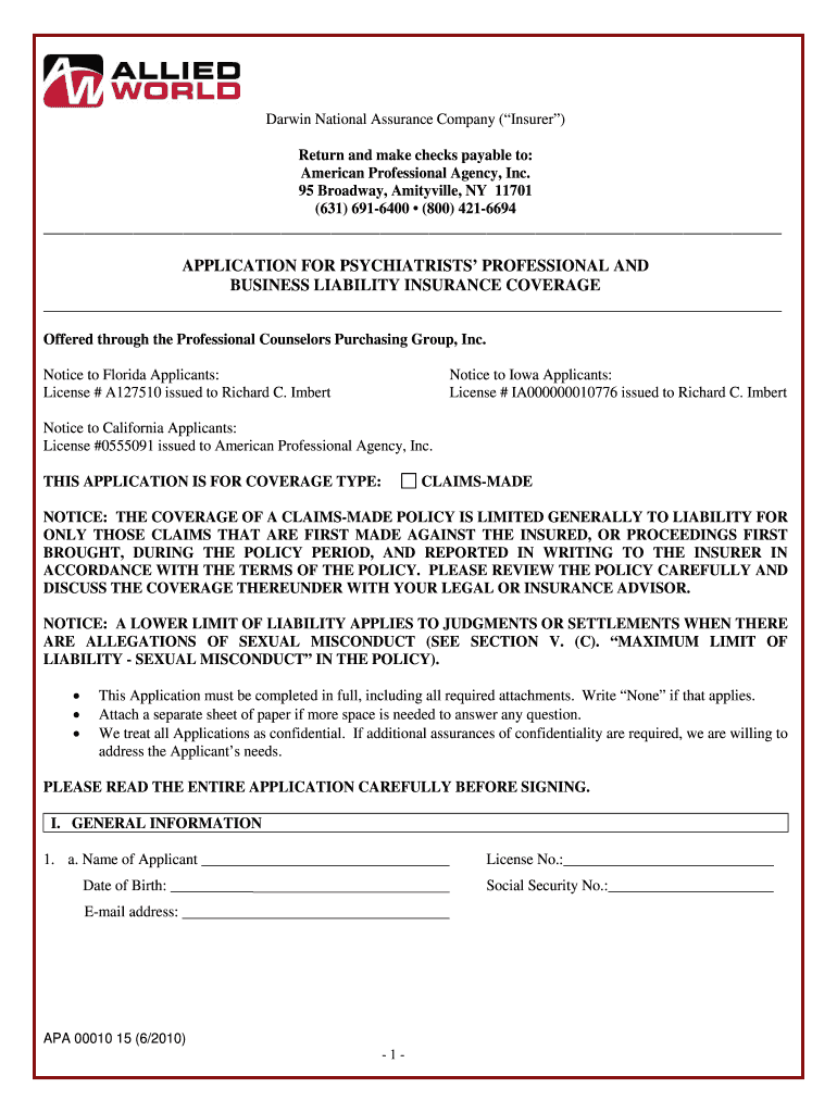 Darwin National Assurance Company 'Insurer' Return and Make Checks Payable to American Professional Agency, Inc  Form