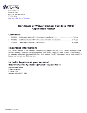  Medical Test Site MTS Application Certificate of Waiver Doh Wa 2020