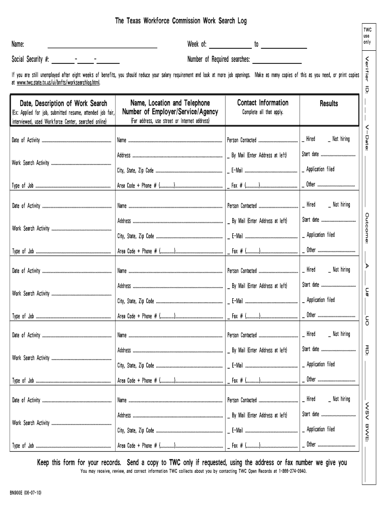  Texas Worforce Commisssion Work Search Log 2010