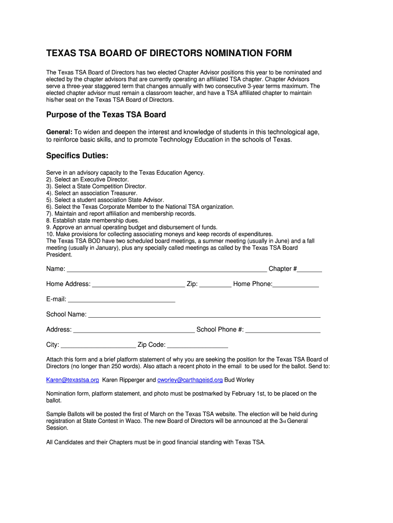 TEXAS TSA BOARD of DIRECTORS NOMINATION FORM Texastsa